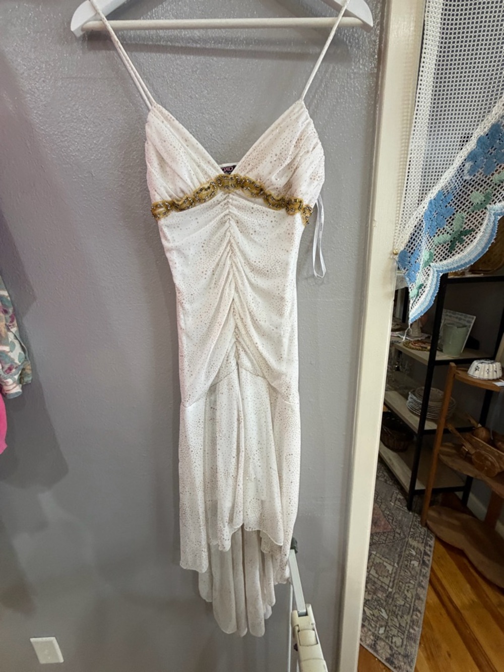 XOXO White High-Low Spaghetti-Strap Dress with Gold Trim